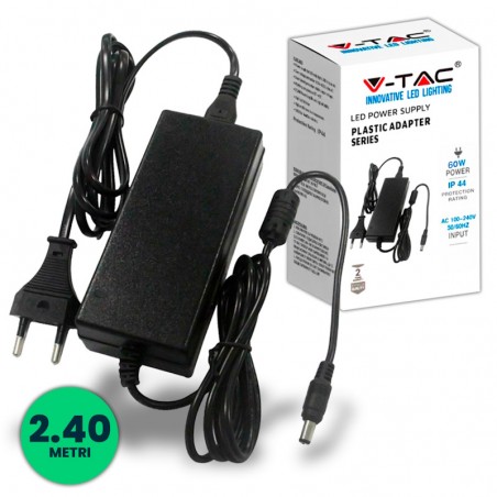 V-TAC Alimentatore per Strip LED 60W 12V 5A Plug&Play con Jack 2.1 e Cavo 2.4m con Spina, Protezione EMI e Cortocircuito IP44