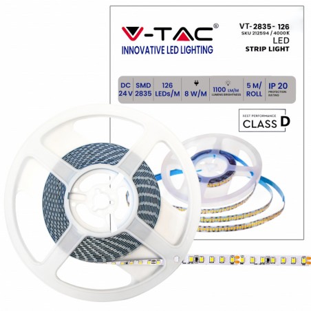 V-TAC Strip LED SMD2835 8W/m 5m 120 LED/m 137LM/W 24V 4000K IP20 10mm sku 212594