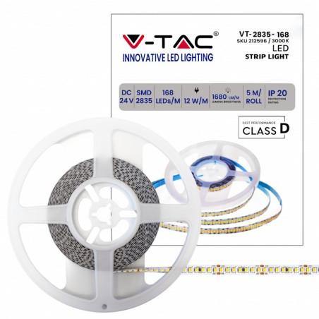 V-TAC Strip LED SMD2835 12W/m 5m 168 LED/m 140LM/W 24V 3000K IP20 10mm sku 212596