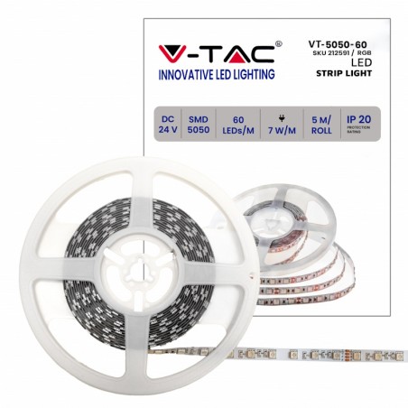 V-TAC Strip LED SMD5050 7W/m 5m 60 LED/m 24V RGB IP20 10mm sku 212591