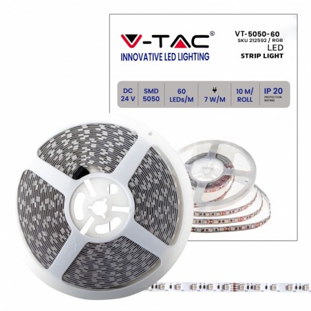 V-TAC Strip LED SMD5050 7W/m 10m 60 LED/m 24V RGB IP20 10mm sku 212592