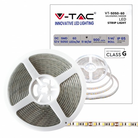 V-TAC Strip LED SMD5050 11W/m 5m 60 LED/m 12V 4000K IP65 10mm sku 212150
