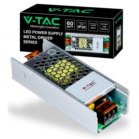 V-TAC Alimentatore Slim in Metallo 60W 24V 2.5A con 1 Uscita 130x50x31mm IP20 Sku 3261