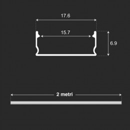 V-TAC Profilo Lineare per Strip LED con larghezza fino a 15.7mm in Alluminio Silver Copertura Opaca 2000x17.6x6.9mm  sku 10321