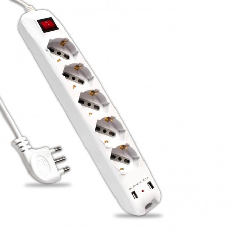 Multipresa 5 Posti Con Interruttore Luminoso 10/16A Bipasso/Schuko 250V~Max:3500W Cavo H05VV-F 3G1.0mmX1.5m Con Spina 16A 2P+T