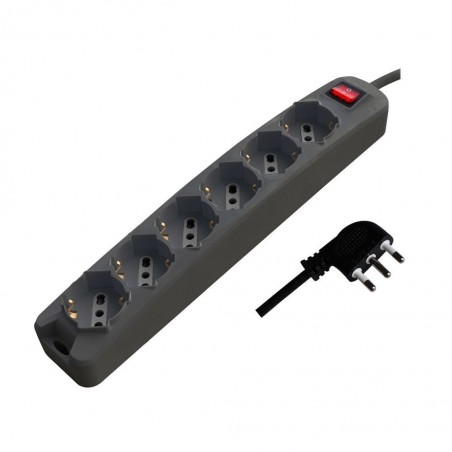 V-TAC Multipresa con Cavo 1,5m e 6x Prese Bipasso/Schuko 10/16A, Spina 16A e Interruttore Colore Nero Sku 87131