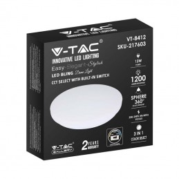 V-TAC Plafoniera LED Rotonda 12W con Interruttore Cambia Colore CCT 3in1 Satinata d: 255mm h: 55mm
