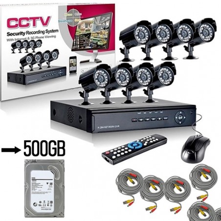 KIT VIDEOSORVEGLIANZA DVR 8 CANALI + 8 TELECAMERE 1000TVL ALIMENTATORE + HD 500GB