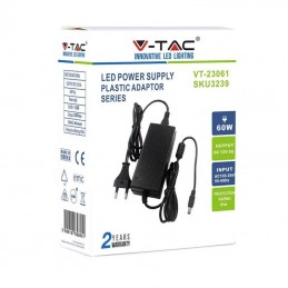V-TAC Alimentatore per Strip LED 60W 12V 5A Plug&Play con Jack 2.1 e Cavo 2.4m con Spina, Protezione EMI e Cortocircuito IP44