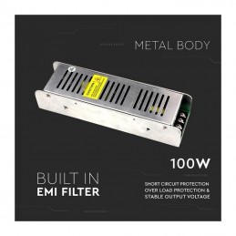 V-TAC Alimentatore Slim in Metallo 100W 12V 8.5A Morsetti a Vite con 2 Uscite 199x62x31mm IP20 TRIAC Dimmerabile sku 3256