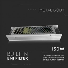 V-TAC Alimentatore Slim in Metallo 150W 12V 12.5A con 1 Uscita 200x62x31mm IP20 sku 3244