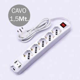 Multipresa 5 Posti Con Interruttore Luminoso 10/16A Bipasso/Schuko 250V~Max:3500W Cavo H05VV-F 3G1.0mmX1.5m Con Spina 16A 2P+T
