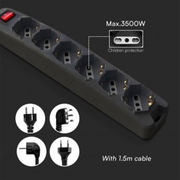 V-TAC Multipresa con Cavo 1,5m e 6x Prese Bipasso/Schuko 10/16A, Spina 16A e Interruttore Colore Nero Sku 87131