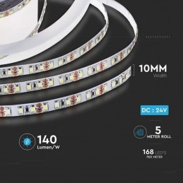 V-TAC Strip LED SMD2835 12W/m 5m 168 LED/m 140LM/W 24V 3000K IP20 10mm sku 212596
