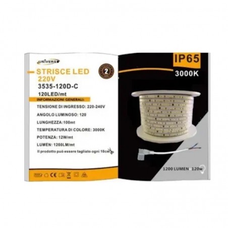 Strisce Led  Per Esterno 220v 8W Led 3535 120 Led Al Metro 8MM 3000K 3535-120D-C