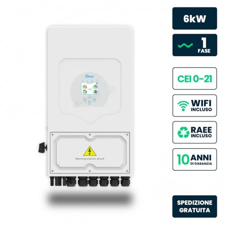 V-TAC Inverter Ibrido Monofase LV Deye 6kW WiFi CEI 0-21 Bianco IP65 On-grid e Off-grid Sku 12679