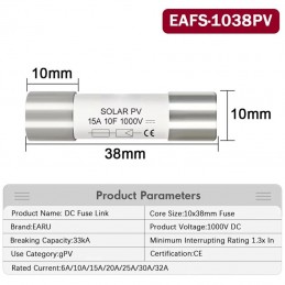 Fusibile Solare 15A 1000v DC 38X10.3X10MM Per Fotovoltaico